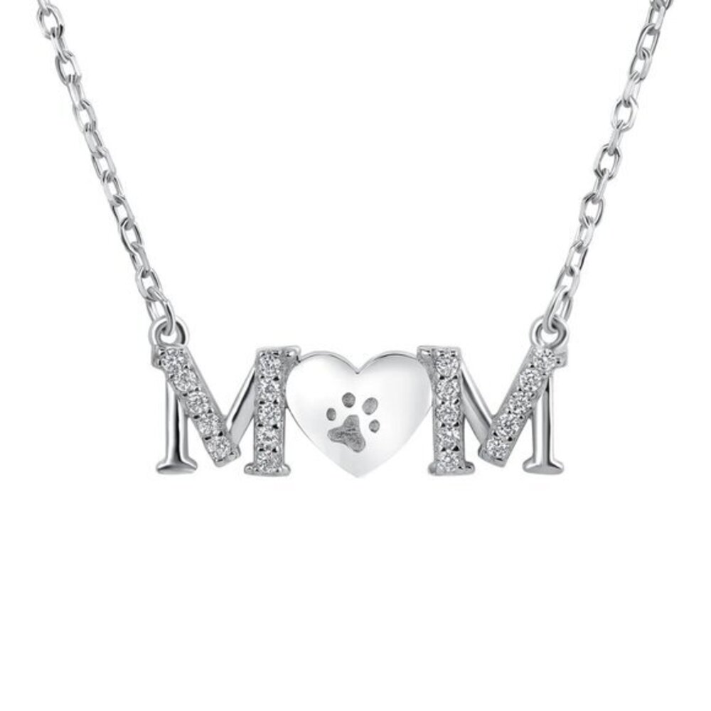 Silver 925 Rhodium Plated Clear Cubic Zirconia Mom with Paw Heart Necklace